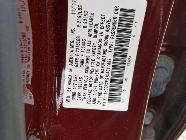 1HGCR2F57DA067889 - 2013 HONDA ACCORD SPO BURGUNDY photo 10