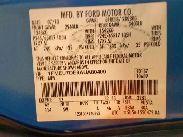 1FMEU7DE9AUA80400 - 2010 FORD EXPLORER X BLUE photo 10