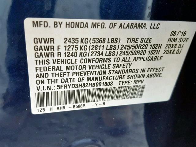 5FRYD3H82HB001603 - 2017 ACURA MDX ADVANC BLUE photo 10