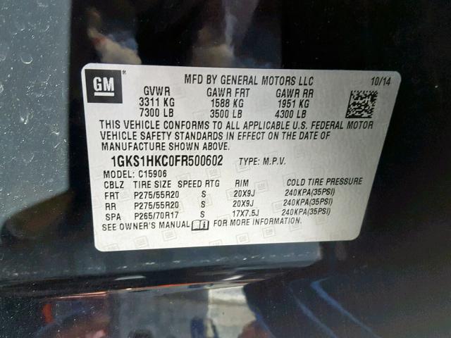 1GKS1HKC0FR500602 - 2015 GMC YUKON XL C BLACK photo 10