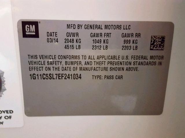 1G11C5SL7EF241034 - 2014 CHEVROLET MALIBU 1LT თეთრი ფოტო 10