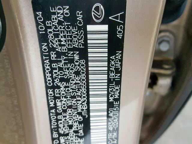 JTHBA30G855080208 - 2005 LEXUS ES 330 BEIGE photo 10