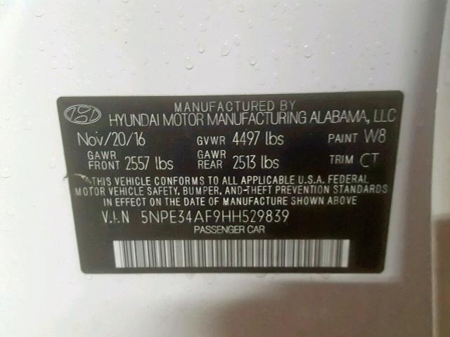 5NPE34AF9HH529839 - 2017 HYUNDAI SONATA SPO WHITE photo 10