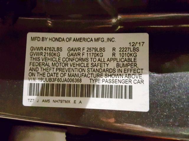 19UUB3F60JA006368 - 2018 ACURA TLX TECH+A GRAY photo 10