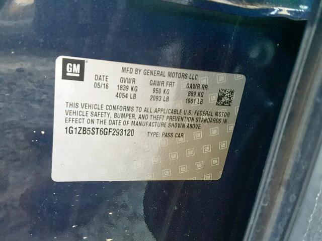 1G1ZB5ST6GF293120 - 2016 CHEVROLET MALIBU LS BLUE photo 10