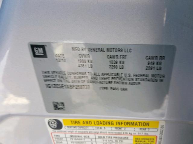 1G1ZC5E1XBF268737 - 2011 CHEVROLET MALIBU 1LT ვერცხლისფერი ფოტო 10