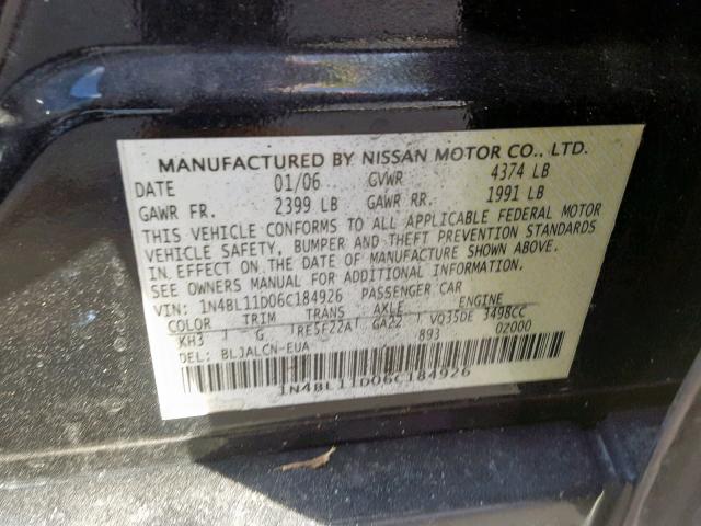 1N4BL11D06C184926 - 2006 NISSAN ALTIMA SE BLACK photo 10