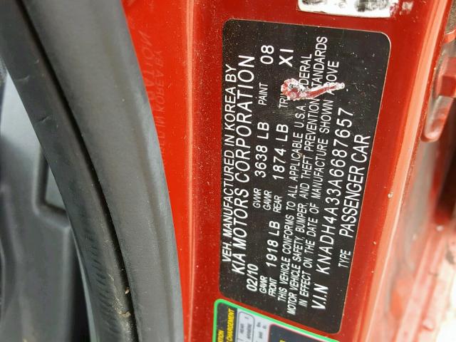 KNADH4A33A6687657 - 2010 KIA RIO LX RED photo 10