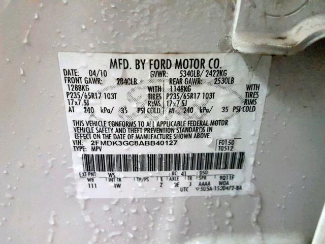 2FMDK3GC8ABB40127 - 2010 FORD EDGE SE WHITE photo 10