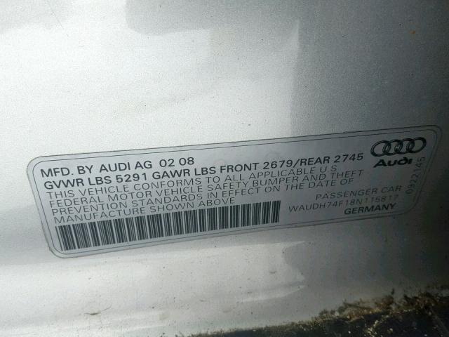 WAUDH74F18N115817 - 2008 AUDI A6 3.2 QUA SILVER photo 10