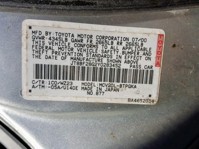 JT8BF28G2Y0283452 - 2000 LEXUS ES 300 SILVER photo 10