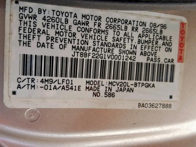 JT8BF22G1V0001242 - 1997 LEXUS ES 300 GOLD photo 10