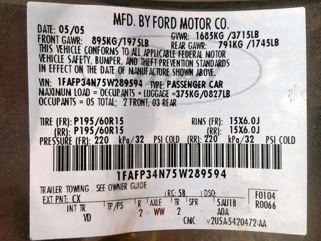 1FAFP34N75W289594 - 2005 FORD FOCUS ZX4 GRAY photo 10