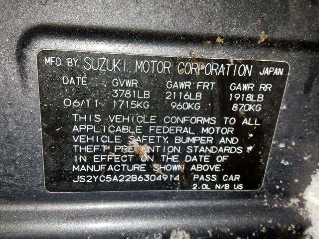 JS2YC5A22B6304914 - 2011 SUZUKI SX4 LE GRAY photo 10