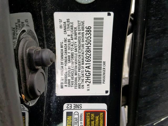 2HGFA16928H505386 - 2008 HONDA CIVIC EXL BLACK photo 10