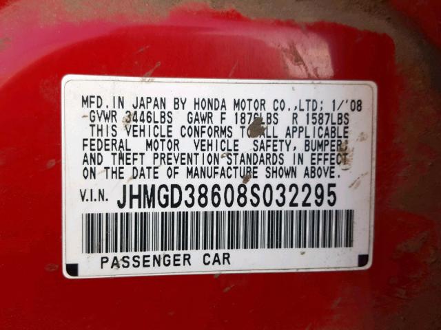 JHMGD38608S032295 - 2008 HONDA FIT SPORT RED photo 10