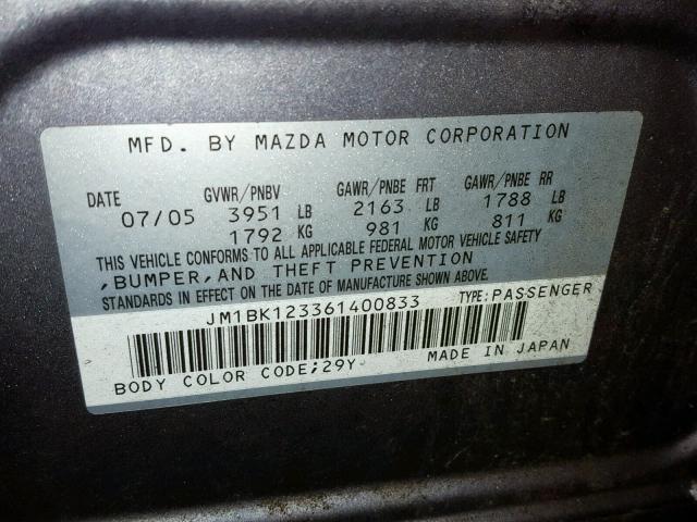 JM1BK123361400833 - 2006 MAZDA 3 S GRAY photo 10