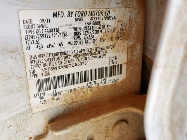 1FT8W3A69CEA50750 - 2012 FORD F350 SUPER WHITE photo 10