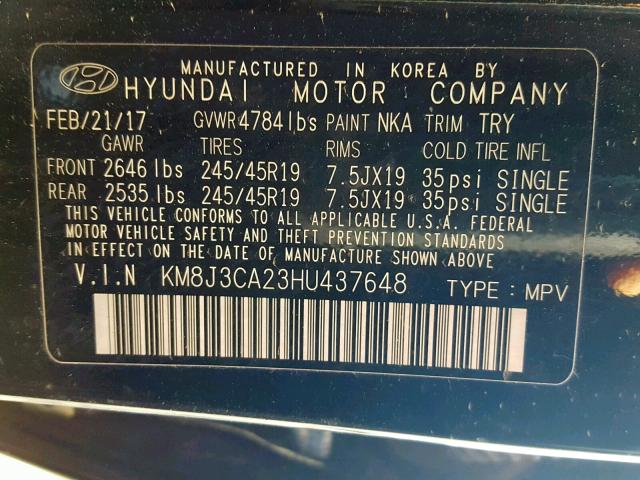 KM8J3CA23HU437648 - 2017 HYUNDAI TUCSON LIM BLACK photo 10