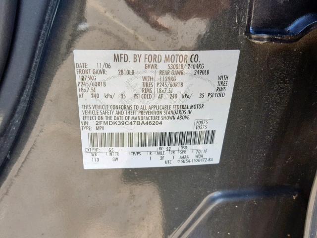 2FMDK39C47BA46204 - 2007 FORD EDGE SEL P GRAY photo 10