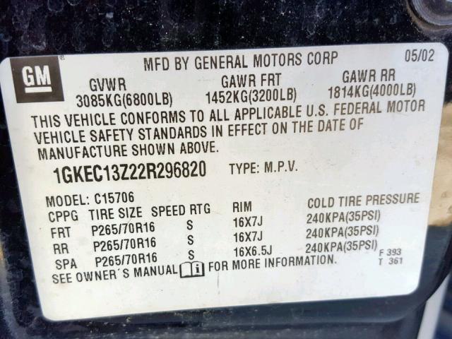 1GKEC13Z22R296820 - 2002 GMC YUKON BLACK photo 10