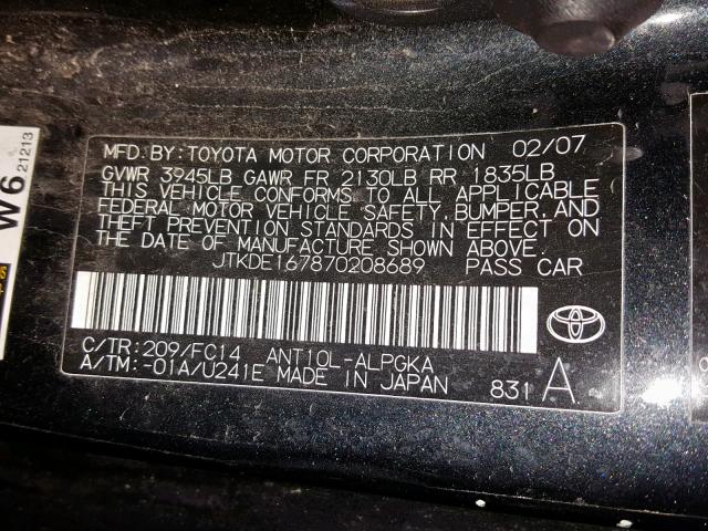 JTKDE167870208689 - 2007 TOYOTA SCION TC შავი ფოტო 10