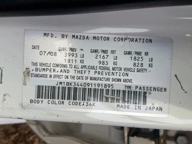 JM1BK344091191895 - 2009 MAZDA 3 S WHITE photo 10