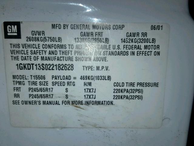 1GKDT13S022182628 - 2002 GMC ENVOY WHITE photo 10