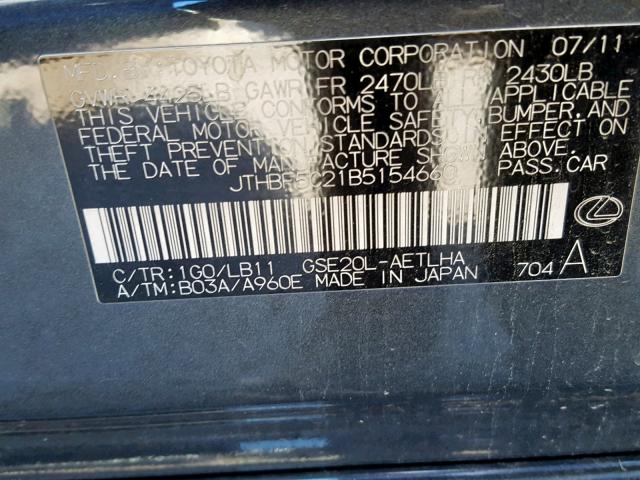 JTHBF5C21B5154660 - 2011 LEXUS IS 250 GRAY photo 10