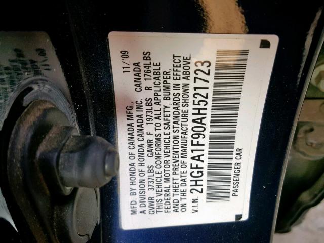 2HGFA1F90AH521723 - 2010 HONDA CIVIC EXL BLUE photo 10