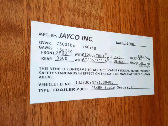 1UJBJ02N7Y1CG0401 - 2001 JAYCO EAGLE  WHITE photo 10