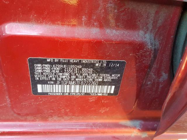 JF1GPAM67F8222260 - 2015 SUBARU IMPREZA LI MAROON photo 10