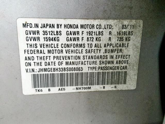 JHMGE8H33BS008063 - 2011 HONDA FIT SILVER photo 10