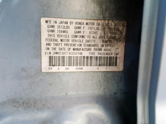 JHMGE8H21AC006246 - 2010 HONDA FIT BLUE photo 10