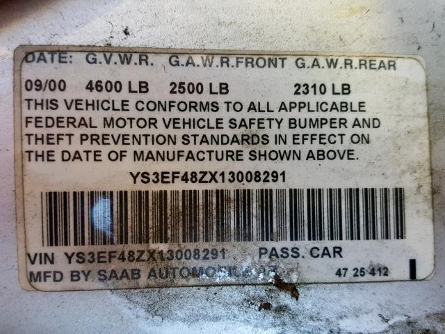 YS3EF48ZX13008291 - 2001 SAAB 9-5 SE GRAY photo 10