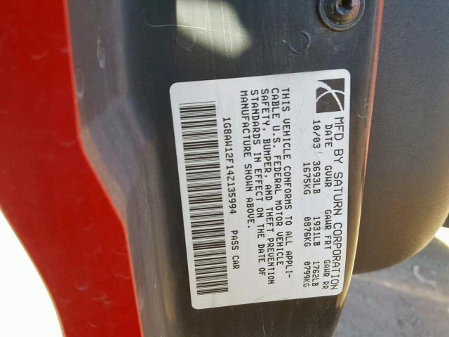 1G8AW12F14Z135994 - 2004 SATURN ION LEVEL RED photo 10