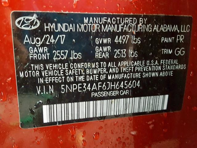 5NPE34AF6JH645604 - 2018 HYUNDAI SONATA SPO RED photo 10