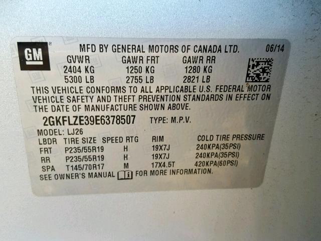 2GKFLZE39E6378507 - 2014 GMC TERRAIN DE SILVER photo 10