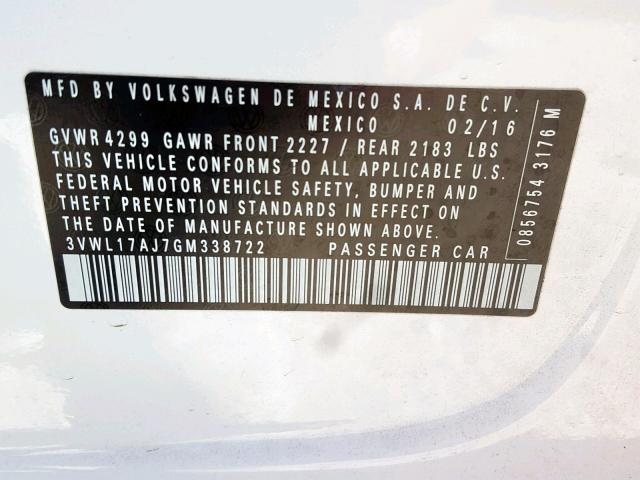 3VWL17AJ7GM338722 - 2016 VOLKSWAGEN JETTA SEL WHITE photo 10