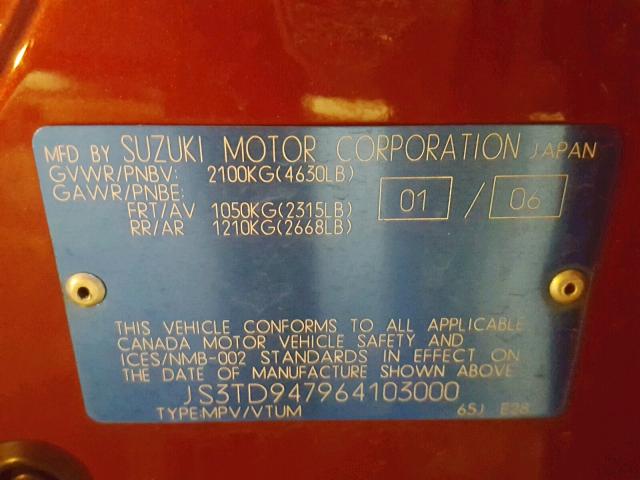 JS3TD947964103000 - 2006 SUZUKI GRAND VITA RED photo 10