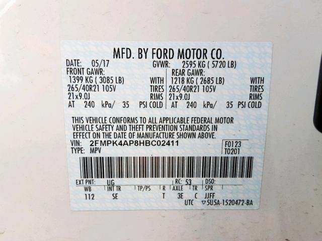 2FMPK4AP8HBC02411 - 2017 FORD EDGE SPORT WHITE photo 10