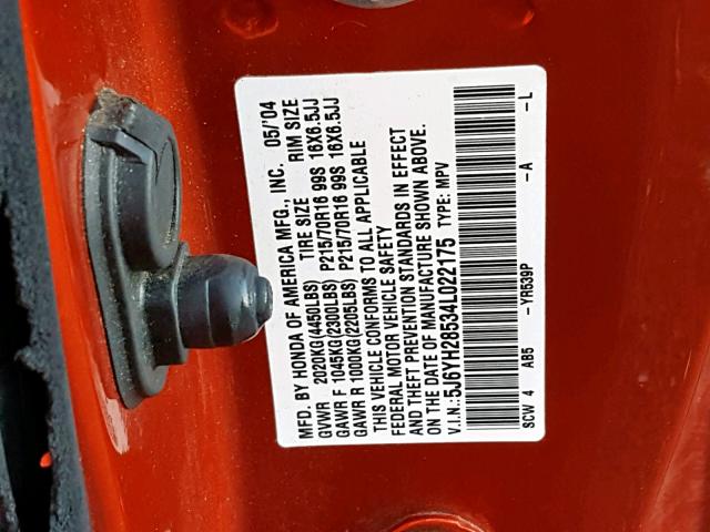 5J6YH28534L022175 - 2004 HONDA ELEMENT EX ORANGE photo 10