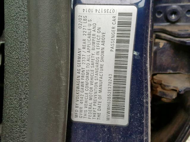 WVWWH63B52E378243 - 2002 VOLKSWAGEN PASSAT GLX 蓝色 照片 10