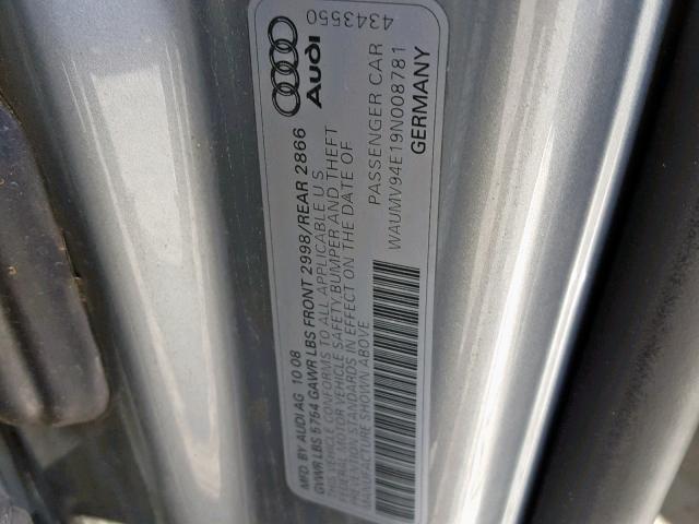 WAUMV94E19N008781 - 2009 AUDI A8 L QUATT SILVER photo 10