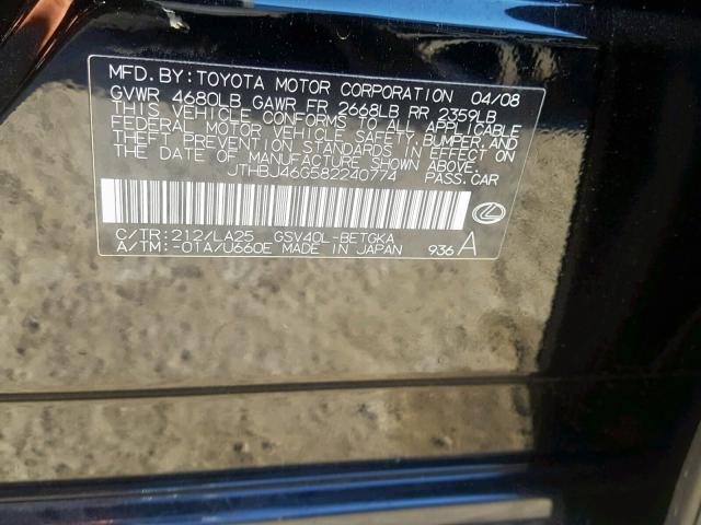 JTHBJ46G582240774 - 2008 LEXUS ES 350 BLACK photo 10