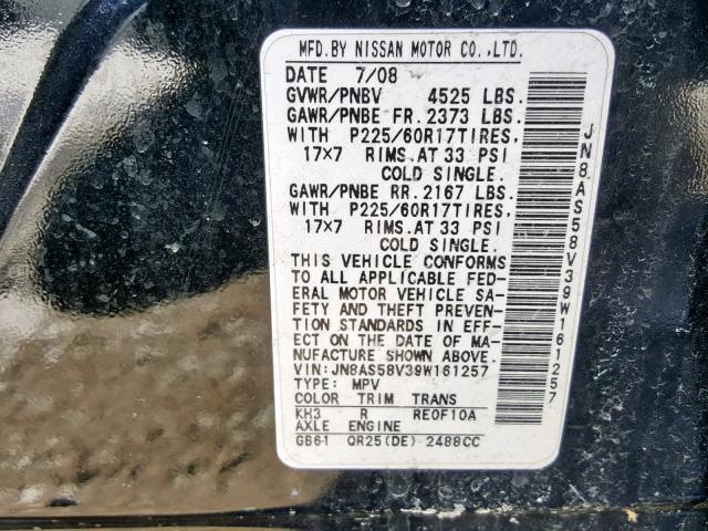 JN8AS58V39W161257 - 2009 NISSAN ROGUE S BLACK photo 10