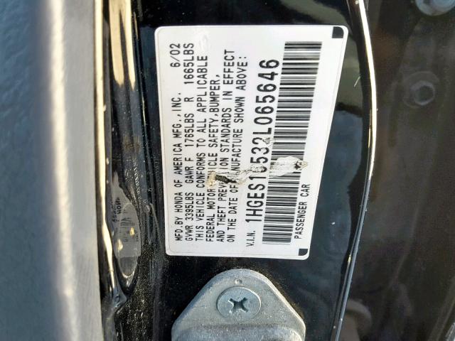 1HGES16532L065646 - 2002 HONDA CIVIC LX BLACK photo 10