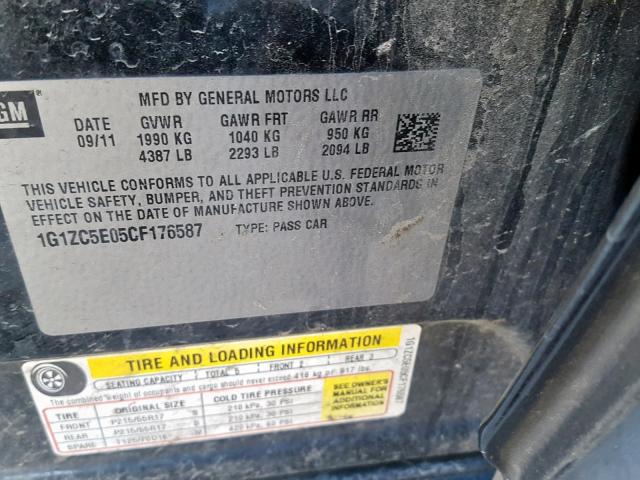 1G1ZC5E05CF176587 - 2012 CHEVROLET MALIBU 1LT შავი ფოტო 10