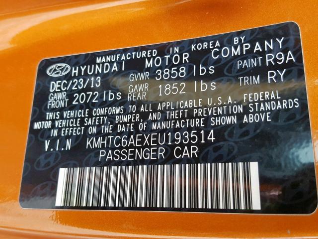 KMHTC6AEXEU193514 - 2014 HYUNDAI VELOSTER T ORANGE photo 10