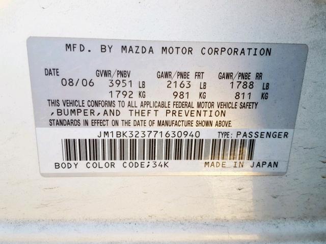 JM1BK323771630940 - 2007 MAZDA 3 S WHITE photo 10